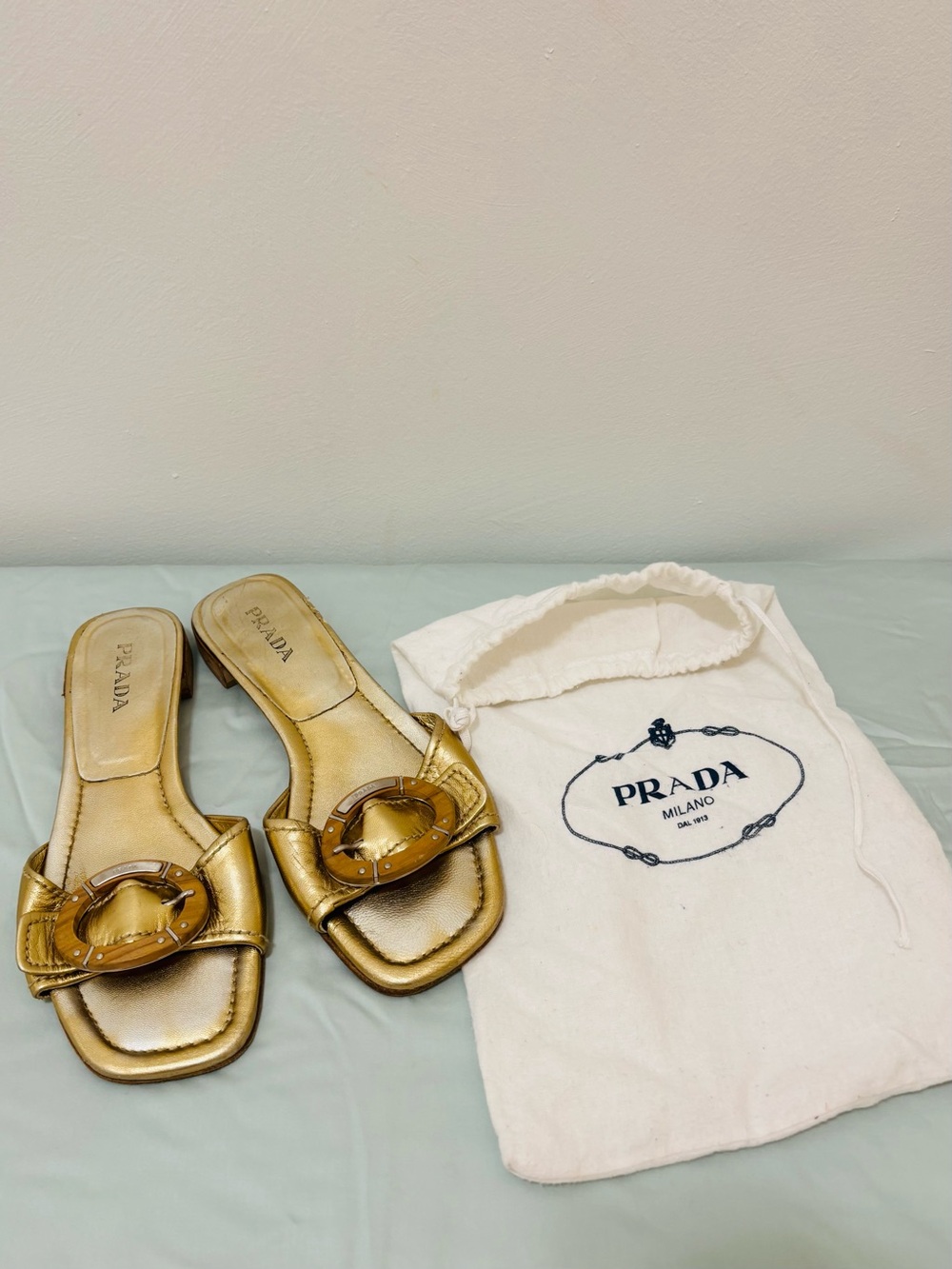 Prada Metallic Gold Buckle Slide Sandals